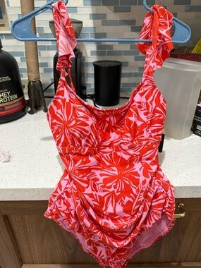 Ellen Tracy Pink and Red Floral One-Piece Swimwear